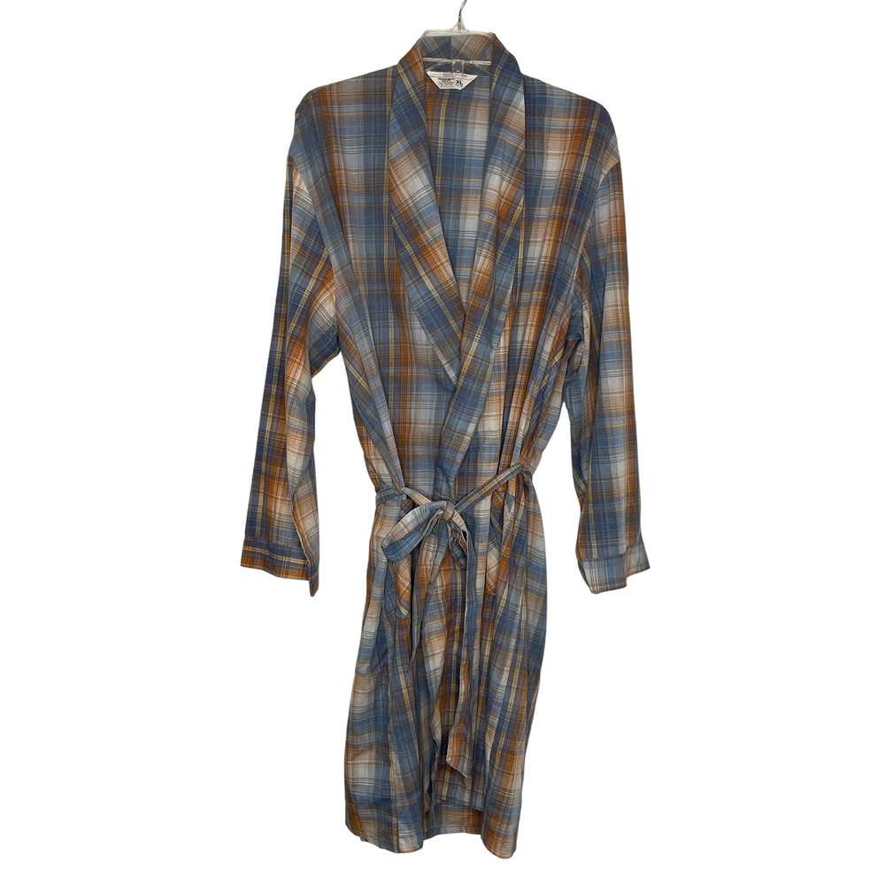 Vintage 70's JCPenney Plaid Robe Mens XL Blue Orange Permanent Press Loungewear